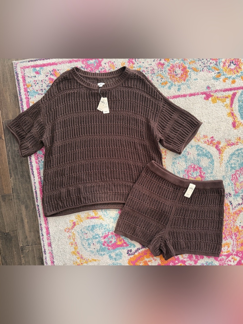 aerie Brown Crochet Knit Swim Coverup Top & Shorts Set - Picture 1 of 2